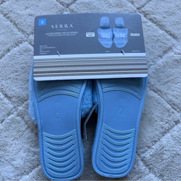 Aldi X Serra | "Wine O Clock" Light Blue Fuzzy Ladies Open Toe Slippers | Size 8 - Picture 5 of 6